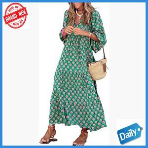 Maxi Dress V-Neck High Waist Bohemian Geometric Pattern Summer Casual